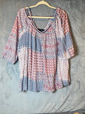 Fred David Boho Cold Shoulder Peasant Top Size 2X Flowy Patchwork Blouse